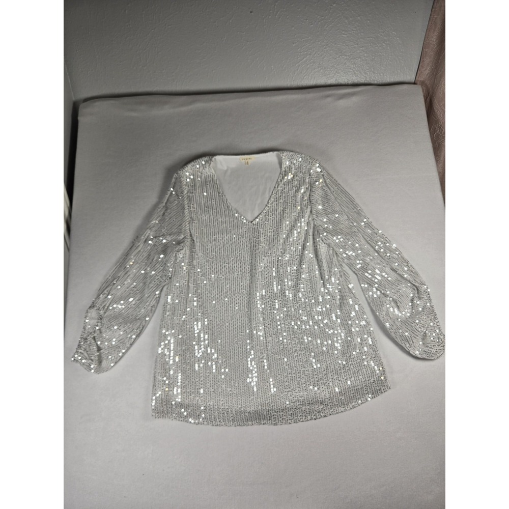 Women's Jodifl White Silver Seguin V Neck Blouse Size Medium Balloon Sleeve